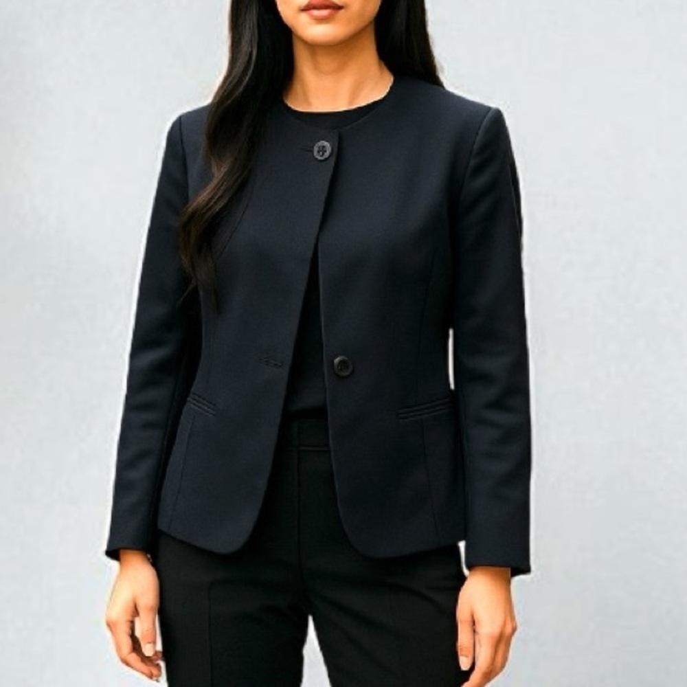 Vintage 90’s Donna Karan Collarless Wool Jacket In Midnight Navy | Size 14